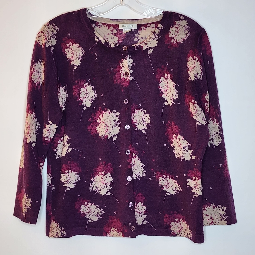 Garnet Hill Plum Floral Cardigan Merino Wool L